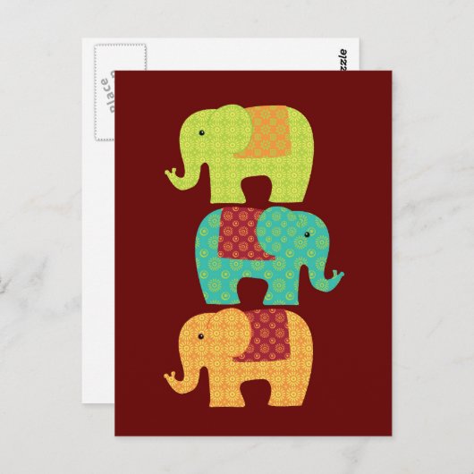 Ethnische Elefanten mit Blume auf Maroon Red Postkarte (Vorne/Hinten)