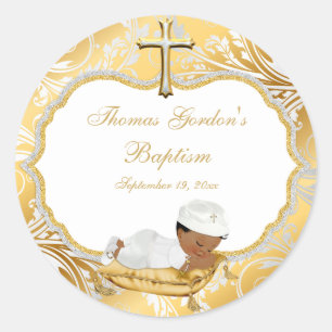Ethnische Goldkreuz-Taufe für Babyjungen Runder Aufkleber