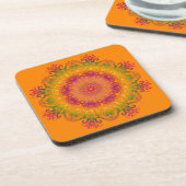 Ethnische Mandala auf orangefarbenem Hintergrund Getränkeuntersetzer (Linke Seite)