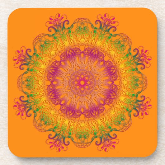 Ethnische Mandala auf orangefarbenem Hintergrund Getränkeuntersetzer (Vorderseite)