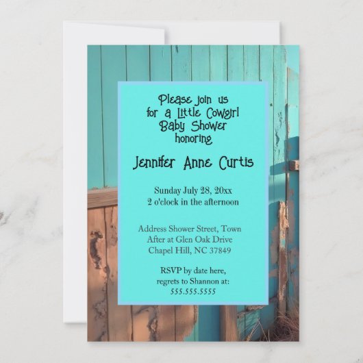Ethnische Niedliche Cowgirl Kinderdusche Aquamarin Einladung (Rückseite)