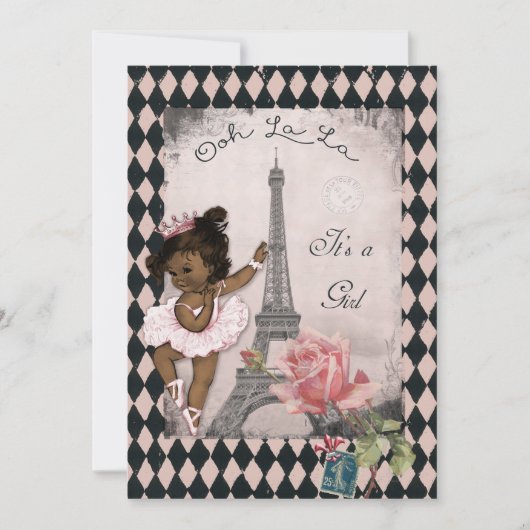 Ethnische Prinzessin Ballerina Eiffel Tower Babydu Einladung (Vorderseite)