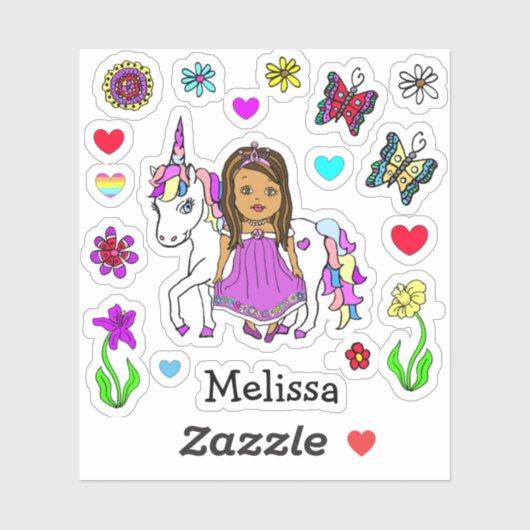 Ethnische Prinzessin und Einhorn und Name der Hand Aufkleber (Blatt)