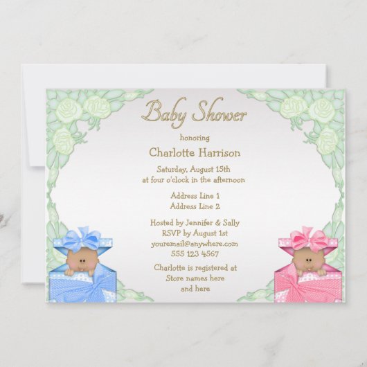 Ethnische Twins in Geschenkboxen Rose Babydusche Einladung (Rückseite)