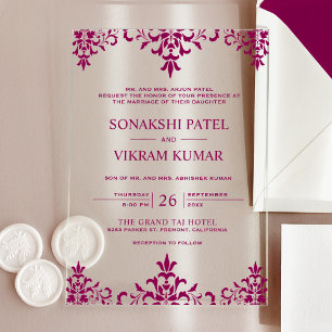 Ethnischer Rosa Damast Indische Hochzeit Acryleinladungen
