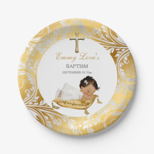 Ethnisches Baby Mädchen Taufe Christening Gold Sil Pappteller