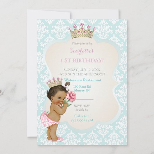 Ethnisches Goldkronen-Aqua-Rosa Prinzessin-Baby Einladung (Vorderseite)