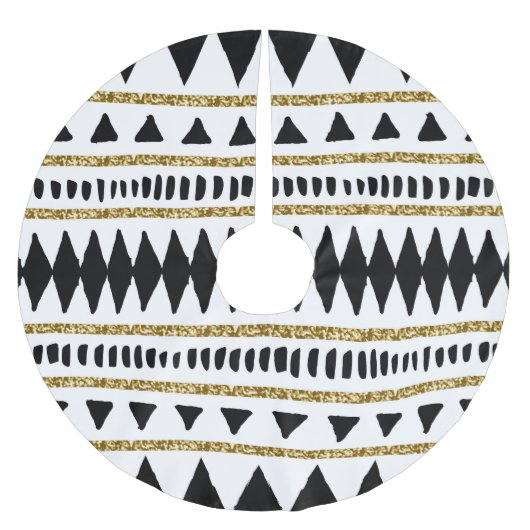 Ethnisches Muster des Black Gold Glitzer Polyester Weihnachtsbaumdecke (Vorderseite)