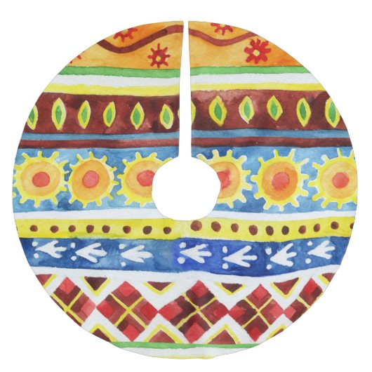 Ethnisches Wasserfarbmuster mit Handfarbe Polyester Weihnachtsbaumdecke (Vorderseite)