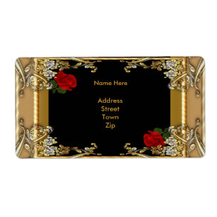 Etikett Adresse Elegant Schwarz Gold Rot Rose