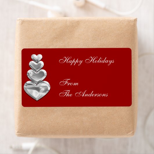 Etikett Aufkleber Silberne Herzen auf Rot (Insitu)