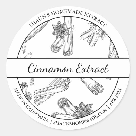 Etikett "Black & White Sketch Cinnamon Extract" Runder Aufkleber (Vorderseite)
