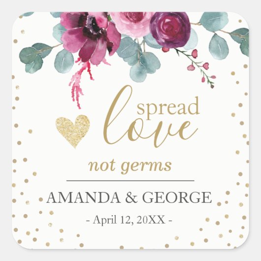 Etikett Bordeaux-Blume mit Handanitisierer, golden Quadratischer Aufkleber (Vorderseite)