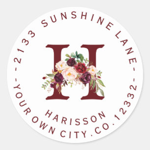 Etikett der Marsala Floral Monogram-Adresse Runder Aufkleber