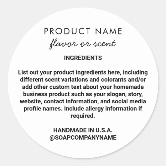 Etikett der Niedlichen Inhaltsstoffe für Seife Runder Aufkleber (Vorderseite)