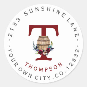 Etikett für Barrel Burgundy Floral Circle Address Runder Aufkleber