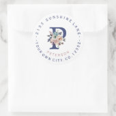 Etikett für die blaue Floral-Monogramm-Adresse Runder Aufkleber (Tasche)