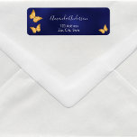 Etikett für die blaue Goldrückgabe der Schmetterli<br><div class="desc">Goldene Schmetterlinge auf einem marineblauen Hintergrund. Die blaue Farbe ist ungleichmäßig. Personalisieren Sie Ihren Namen und Ihre Adresse und fügen Sie diese hinzu. Ideal für ein Brautparty,  eine Babydusche oder eine Geburtstagsfeier.</div>