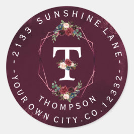 Etikett für die kreisförmige Borgundy-Floral-Monog Runder Aufkleber