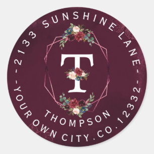 Etikett für die kreisförmige Borgundy-Floral-Monog Runder Aufkleber