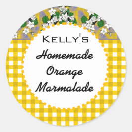 Etikett für Gingham-Blumenorange Runder Aufkleber