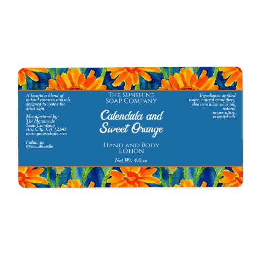 Etikett für Kosmetika - Blume in Blau und Orange (Vorne)