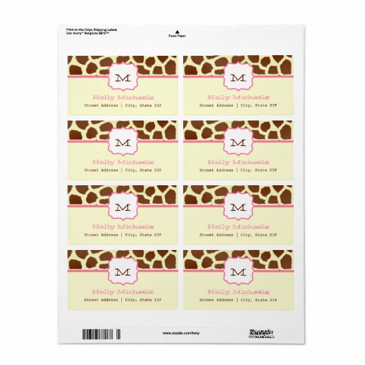 Etikett für Monogramm - Giraffenwerbung und Rosa (Vorne)