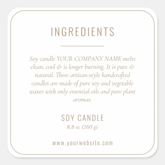 Etikett für neutrale Beige-Inhaltsstoffe Quadratischer Aufkleber (Vorderseite)
