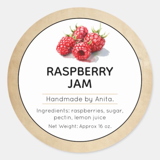 Etikett für Raspberry Jam oder Jelly Canning Jar Runder Aufkleber (Vorderseite)