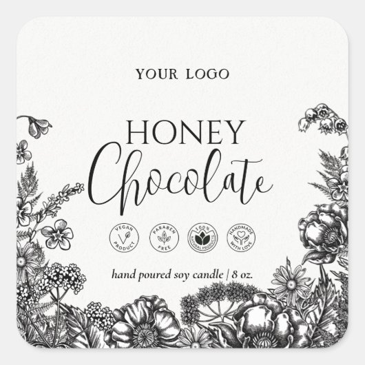 Etikett für schwarz-weiße Blütenkerzen oder Seife Quadratischer Aufkleber (Vorderseite)