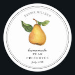 Etikett für Vintage Birnenstopfe Runder Aufkleber<br><div class="desc">Personalisierte handgemalte Aquarell Vintager Stil Pear-Konfitüre auf weißem Hintergrund. Ideal für Zuhause-Konserven und Geschenkgutscheine. Füllen Sie Ihre Informationen auf Etikett aus und genießen Sie.</div>