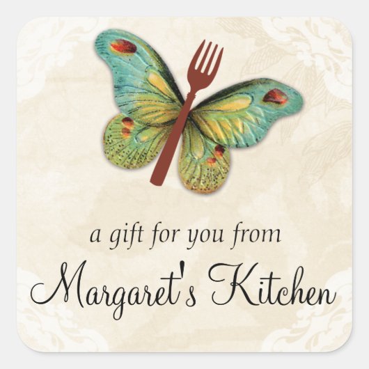 Etikett für Vintage Schmetterlingsgabel Quadratischer Aufkleber (Vorderseite)