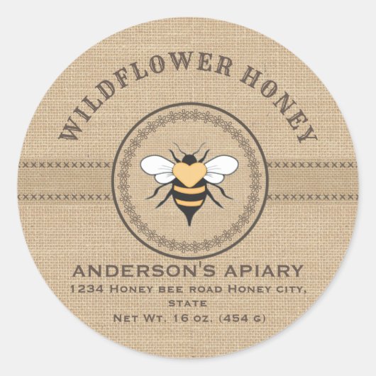 Etikett für Vintages Leinen rustikales Bienenhonig Runder Aufkleber (Vorderseite)