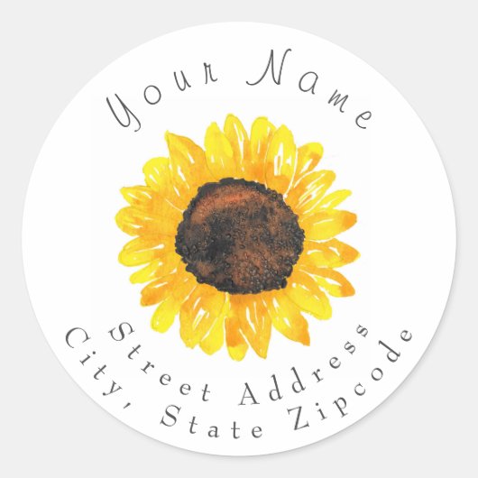 Etikett "Handgestrichene Wasserfarben-Sonnenblume Runder Aufkleber (Vorderseite)