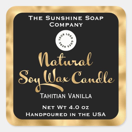 Etikett mit dem Logo "Black & gold Natural Soja Wa Quadratischer Aufkleber (Vorderseite)