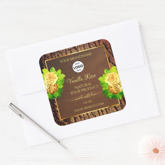 Etikett und Logo von Holzkörnchen mit Baumrinde Quadratischer Aufkleber (Umschlag)