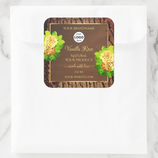 Etikett und Logo von Holzkörnchen mit Baumrinde Quadratischer Aufkleber (Tasche)