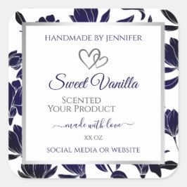 Etiketten für blaue und weiße Blumenprodukte Quadratischer Aufkleber