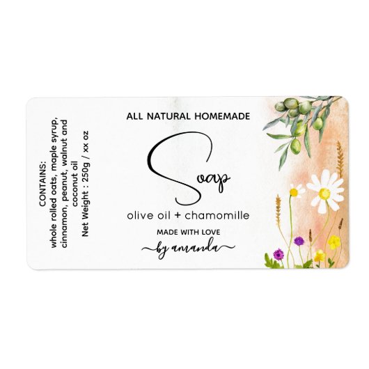 Etiketten für Olivenöl und Kamillenseife (Vorne)