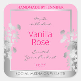 Etiketten für rosa Blumenprodukte Silberrahmen Quadratischer Aufkleber