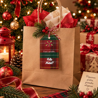 Etiqueta de Natal Xadrez Vermelho e Verde Poinsett Geschenkanhänger