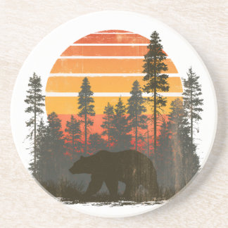 etro 70er Jahre Bär im Wald Sonnenuntergang Unters Getränkeuntersetzer