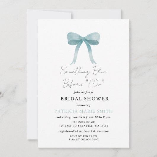 Etwas Blau, bevor ich Blue-Bogen-Brautparty Einladung (Vorderseite)