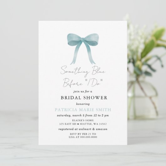 Etwas Blau, bevor ich Blue-Bogen-Brautparty Einladung (Stehend Vorderseite)