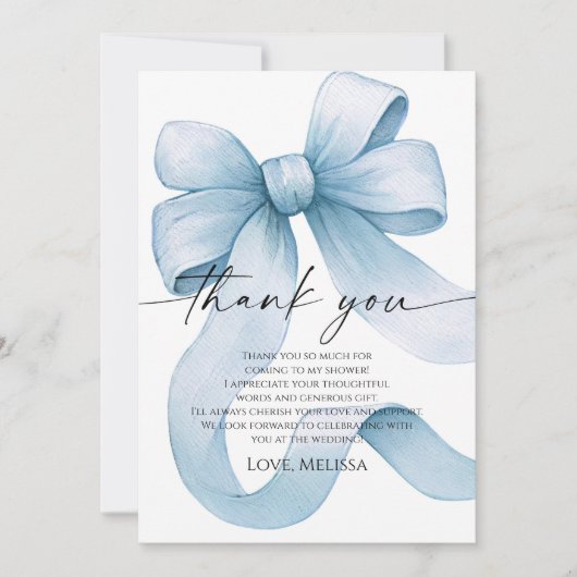 Etwas Blau bevor ich Blue Bow Brautparty mache Dankeskarte (Vorderseite)