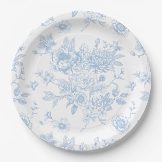 Etwas Blau, bevor ich Blue Floral Toile Pappteller (Vorderseite)