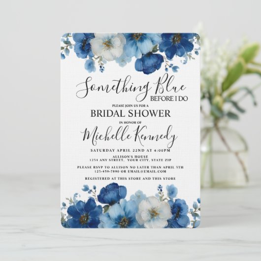 Etwas Blau, bevor ich florales Brautparty mache Einladung (Stehend Vorderseite)