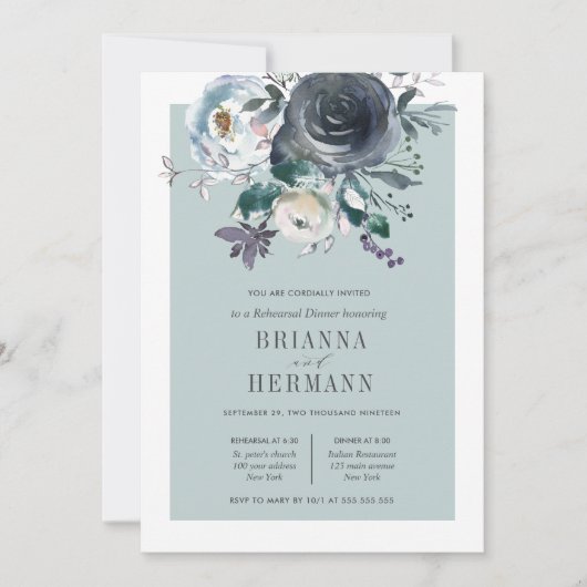 Etwas Blau | Blume Hochzeit Probe Dinner Einladung (Vorderseite)