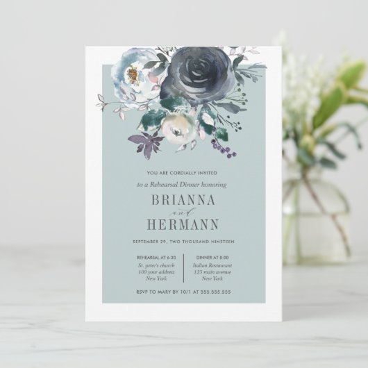 Etwas Blau | Blume Hochzeit Probe Dinner Einladung (Stehend Vorderseite)