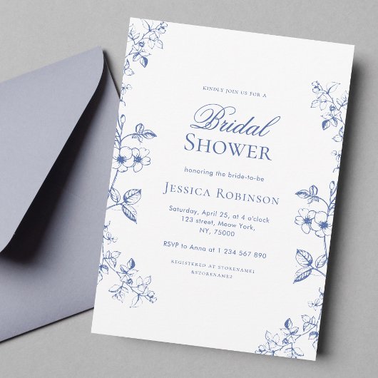 Etwas Blau Gezeichnet Vintage Blume Brautparty Einladung